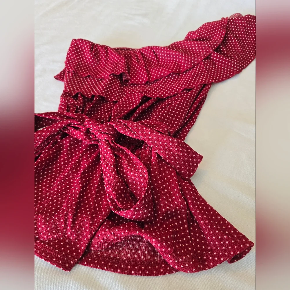 Anthropologie Maeve Rita One Shoulder Ruffle Top Red Polka Dot Tie Waist Small - Picture 10 of 14